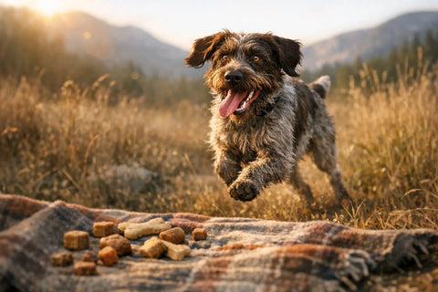 Rough-coated griffon dog enjoying outdoor field play with a healthy wiry coat