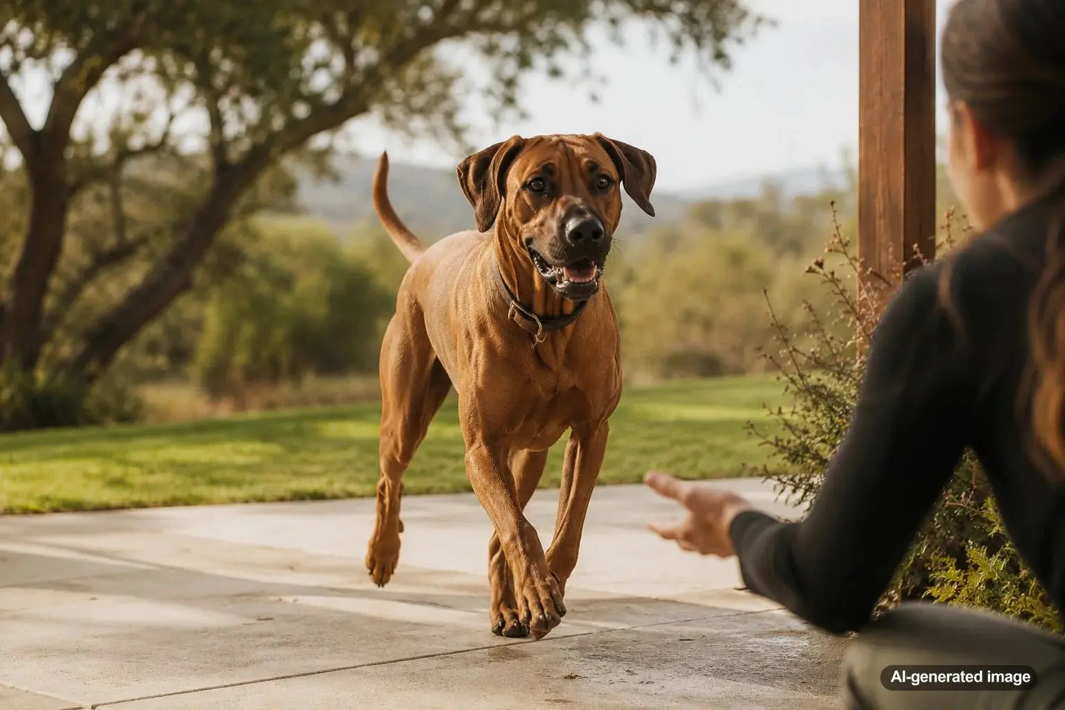 Rhodesian Ridgeback running with its owner on a scenic trail during a safe endurance workout