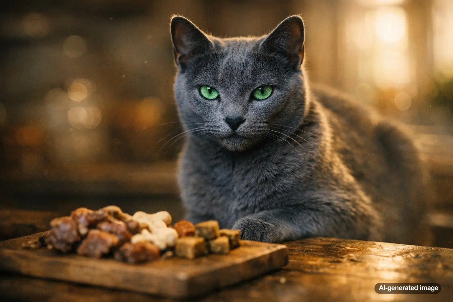 Russian Blue cat with emerald green eyes and silvery blue coat