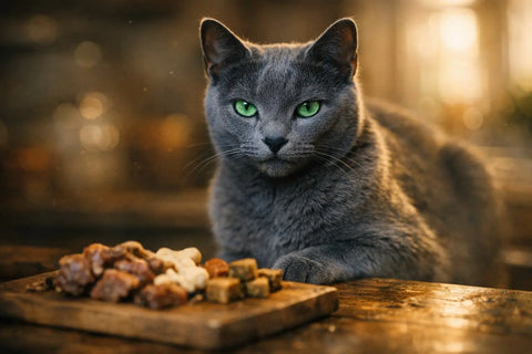 Russian Blue cat with emerald green eyes and silvery blue coat
