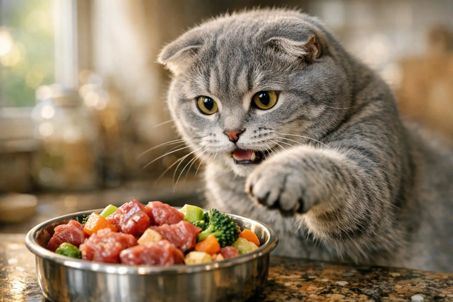 Scottish Fold cat with folded ears lounging comfortably indoors