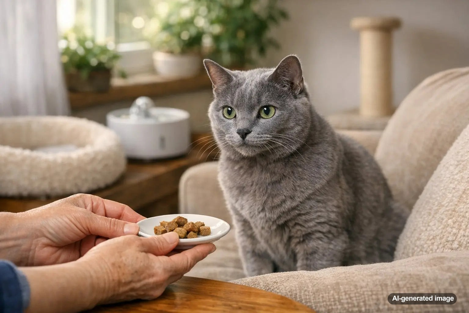 Senior cat resting comfortably while enjoying healthy daily care and nutrition support