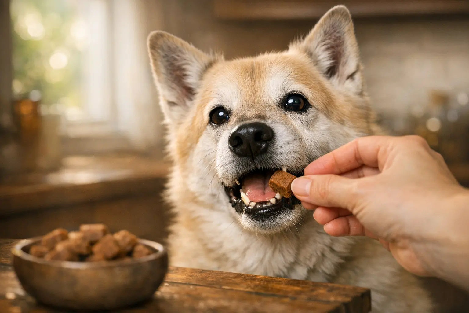 Senior dog enjoying soft high-protein treats designed for aging dogs