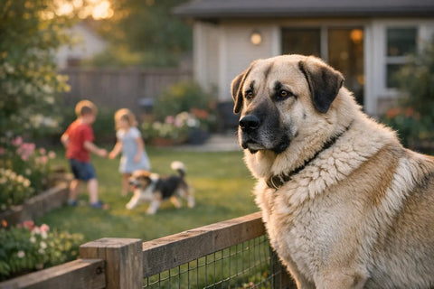 Anatolian Shepherd standing alert in a grassy suburban yard, showcasing its role as a serious livestock guardian