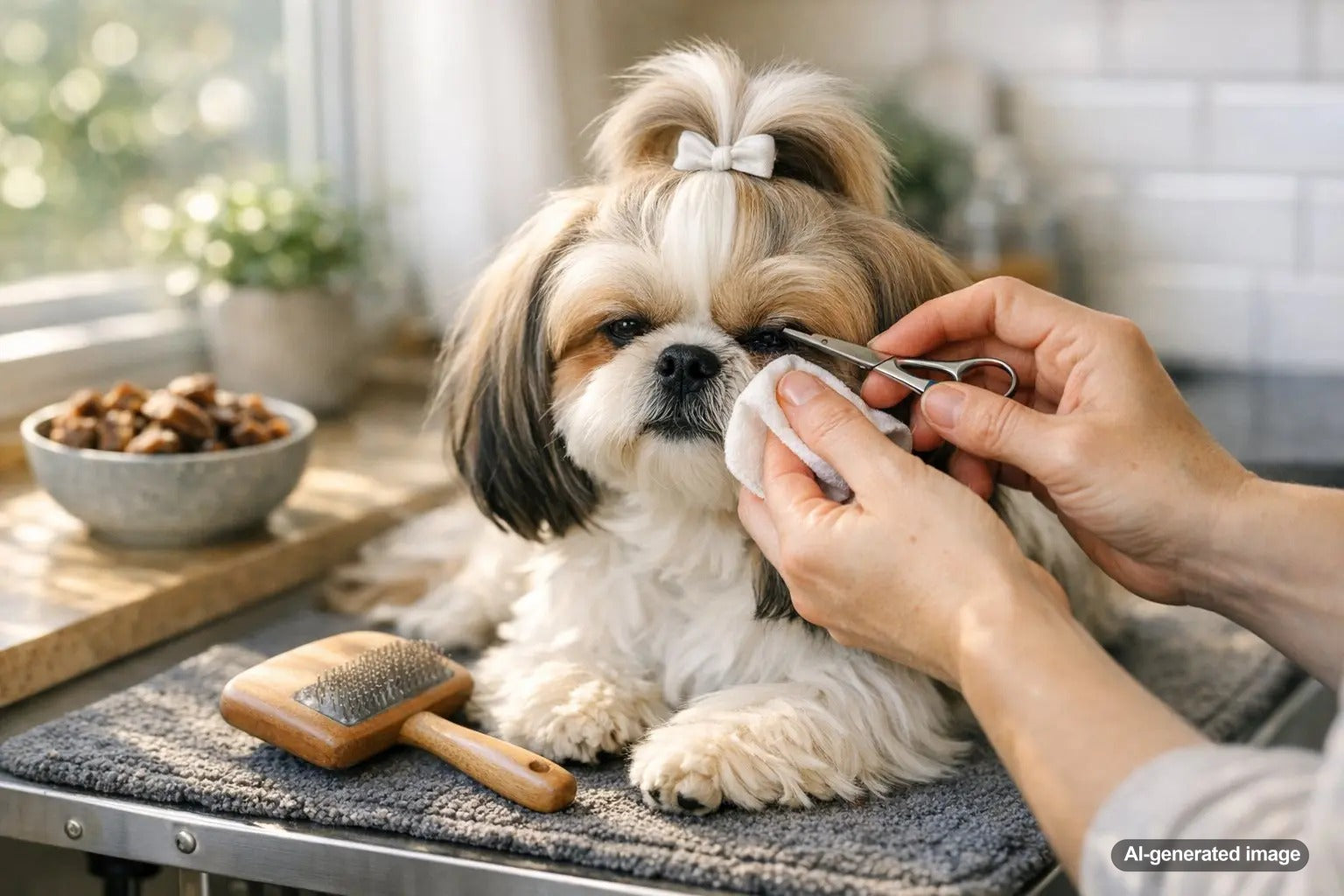 Shih Tzu being groomed with healthy coat and clean eyes