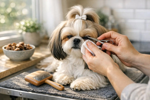 Shih Tzu being groomed with healthy coat and clean eyes