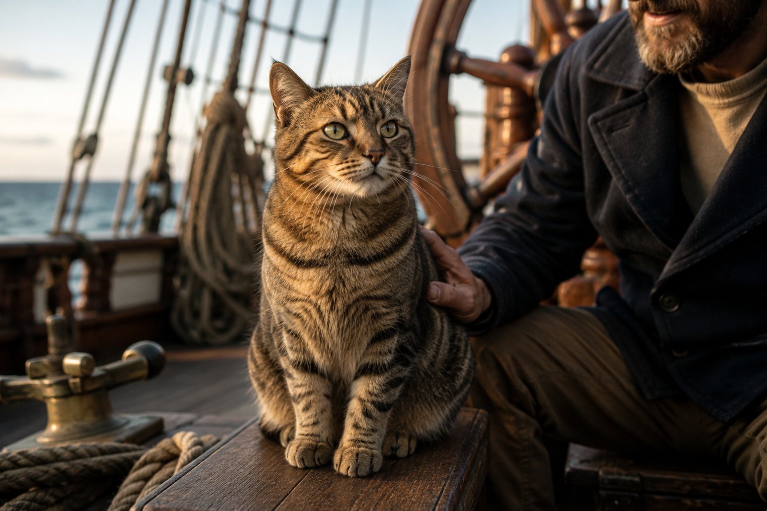 A seafaring tabby cat on a ship deck inspired by the history of ship's cats