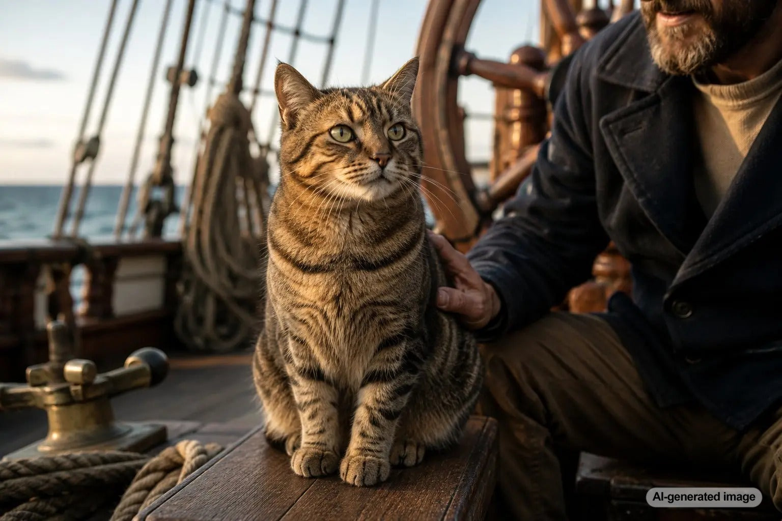 A seafaring tabby cat on a ship deck inspired by the history of ship's cats