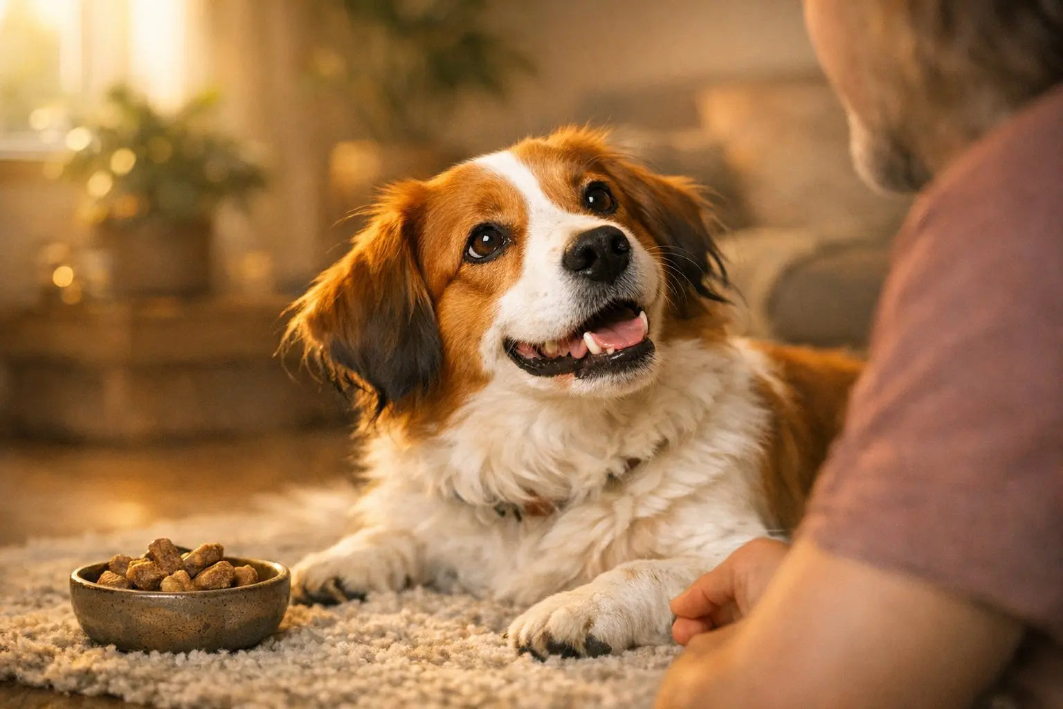 Happy dog gazing lovingly at owner beside a bowl of treats