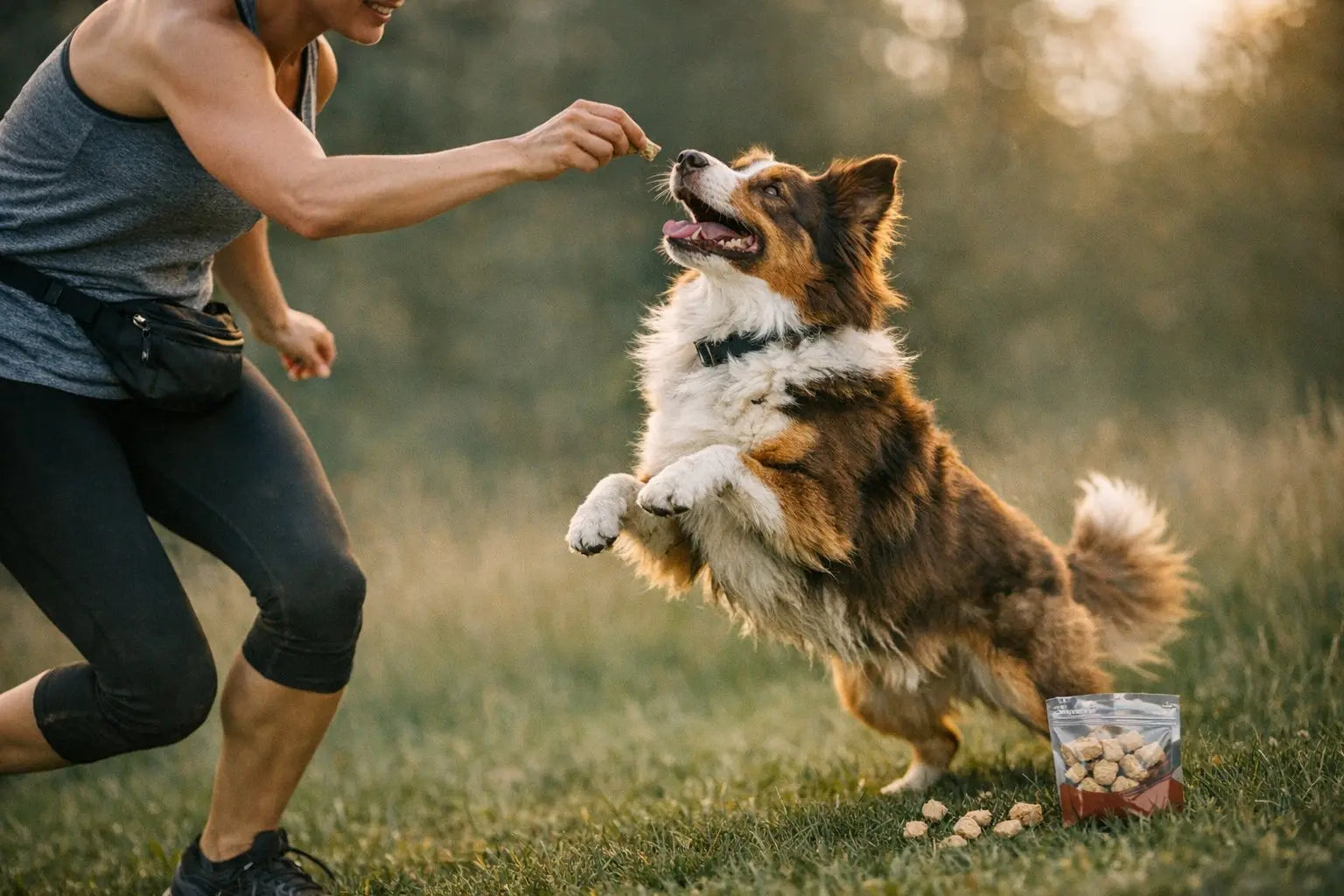 Dog enjoying a skin and coat support treat from Plato Pet Treats