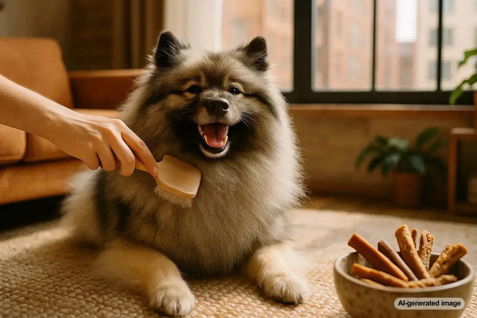 Smiling Keeshond with plush coat relaxing indoors in an apartment setting