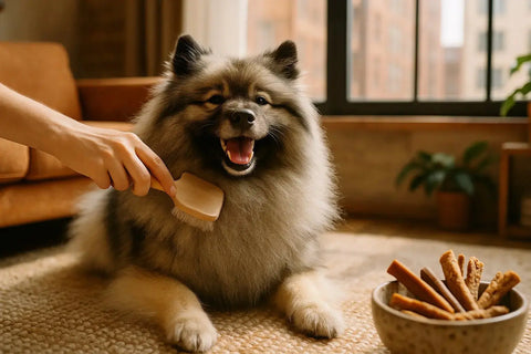 Smiling Keeshond with plush coat relaxing indoors in an apartment setting