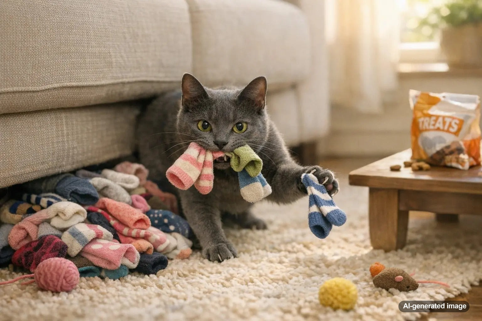 Playful cat hiding stolen socks in a cozy indoor den