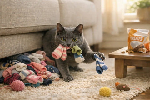 Playful cat hiding stolen socks in a cozy indoor den