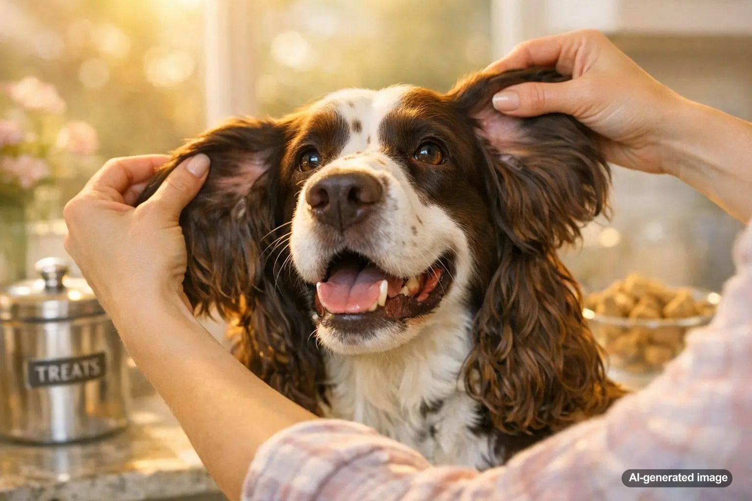 Springer Spaniel sitting outdoors with healthy ears and shiny coat during allergy season