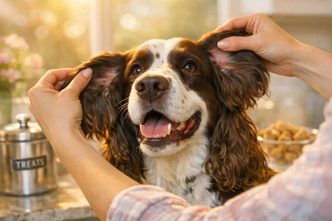 Springer Spaniel sitting outdoors with healthy ears and shiny coat during allergy season