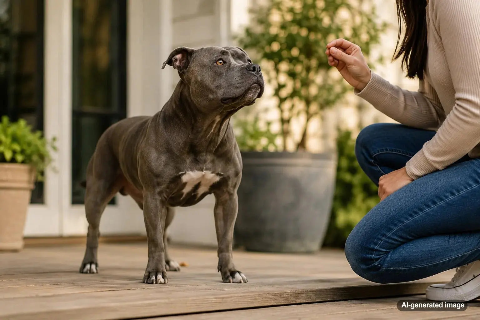 Happy muscular Staffy dog sitting calmly outdoors with a friendly expression