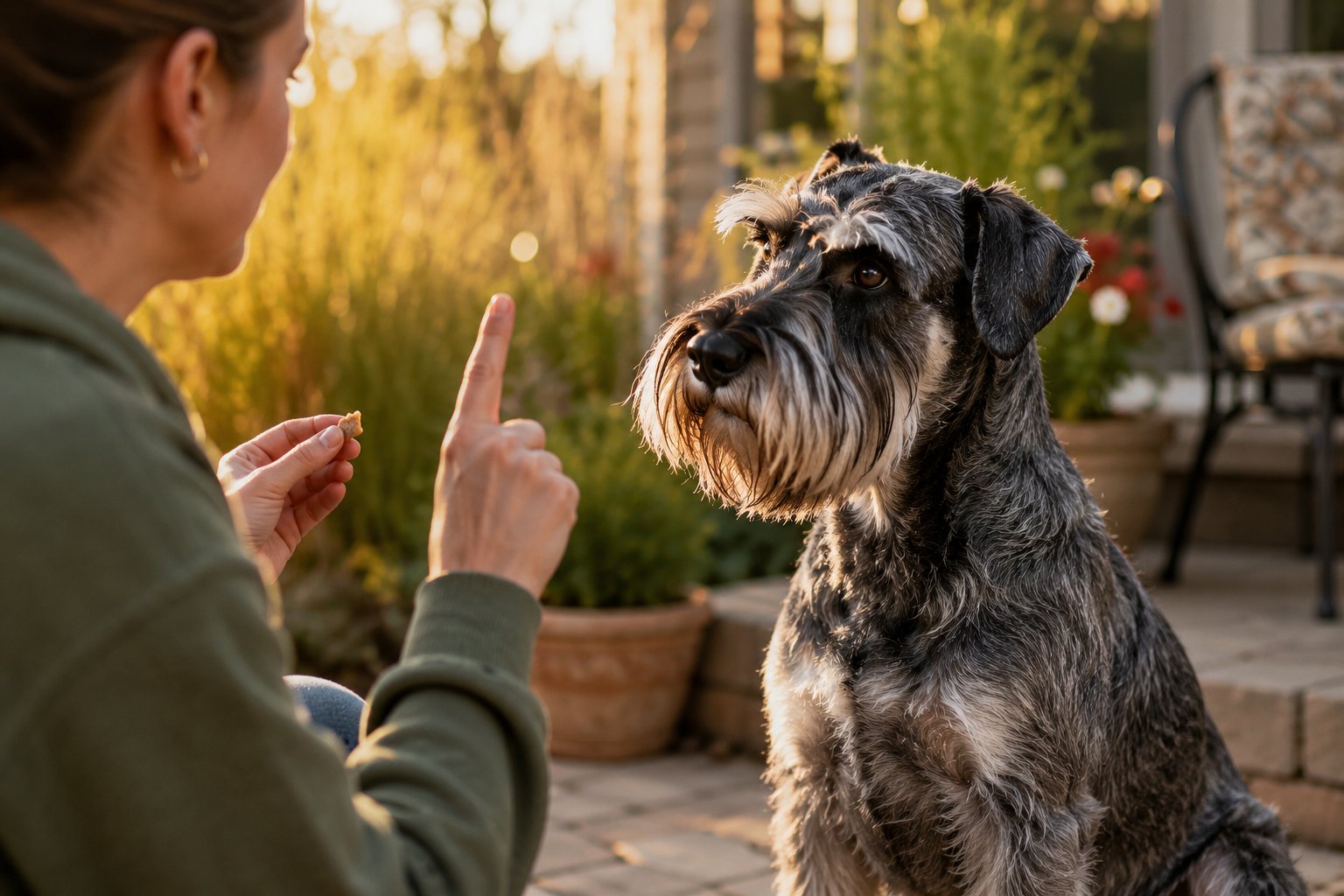 Standard Schnauzer showing confident personality during positive training with Plato Pet Treats