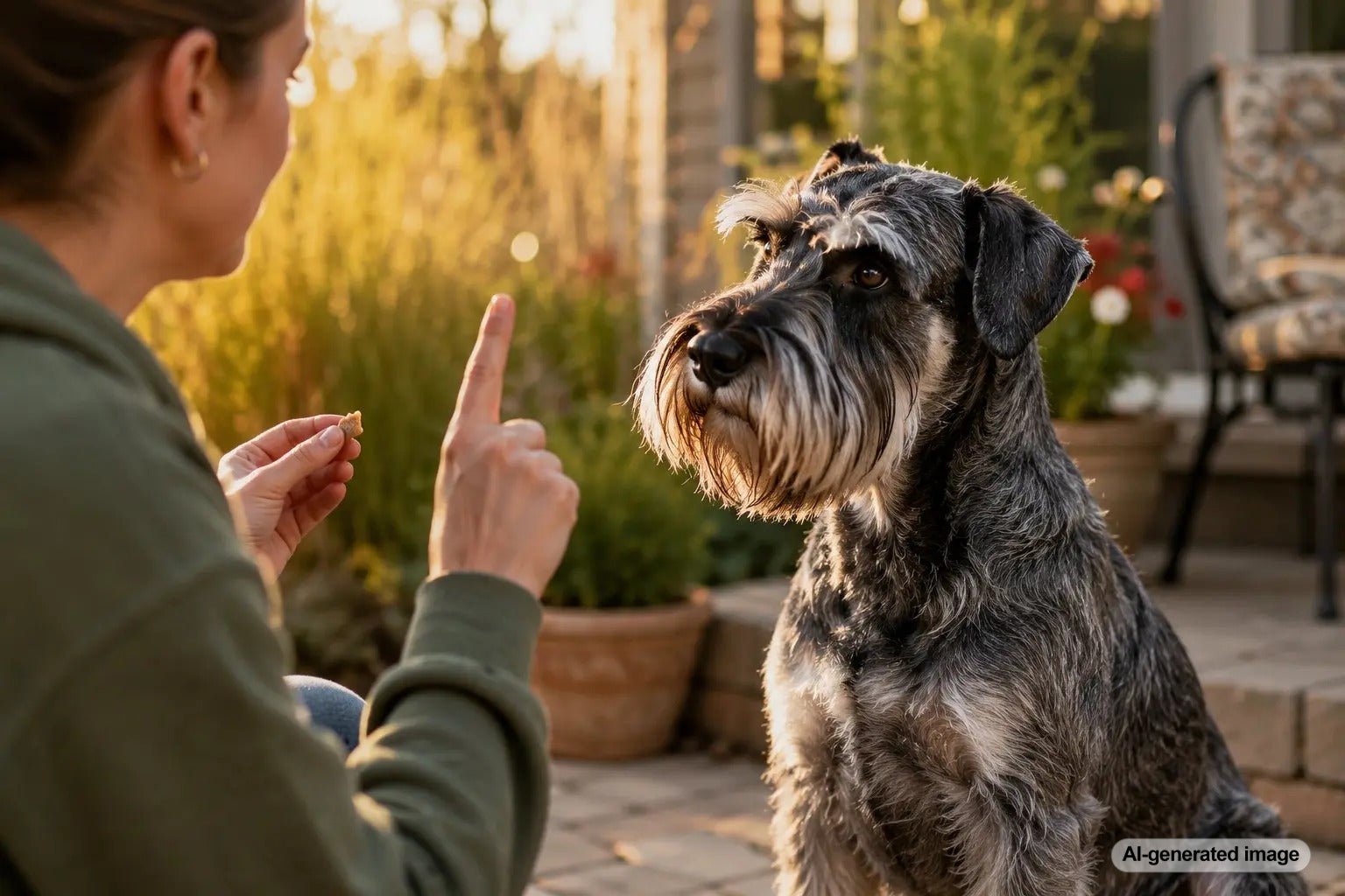 Standard Schnauzer showing confident personality during positive training with Plato Pet Treats