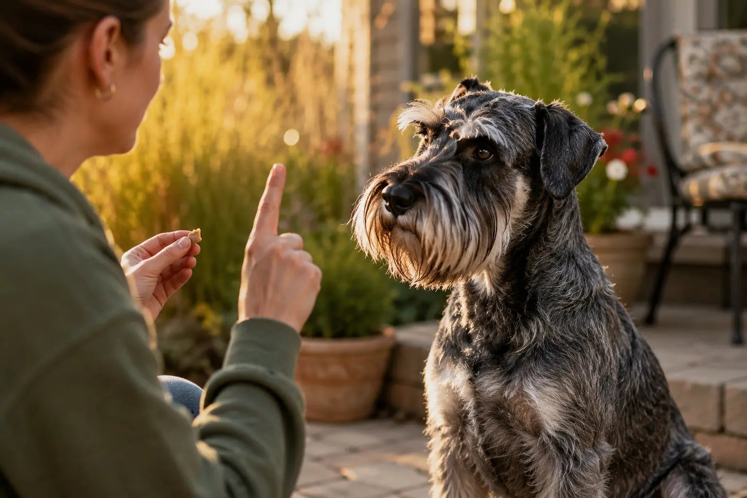 Standard Schnauzer showing confident personality during positive training with Plato Pet Treats