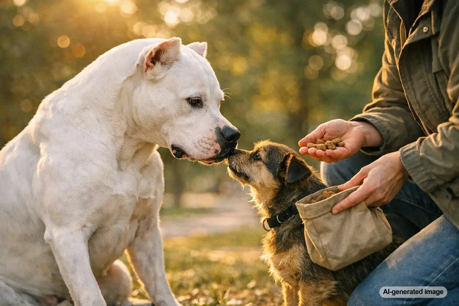 Strong but sensitive Dogo Argentino calmly socializing outdoors with focused attention