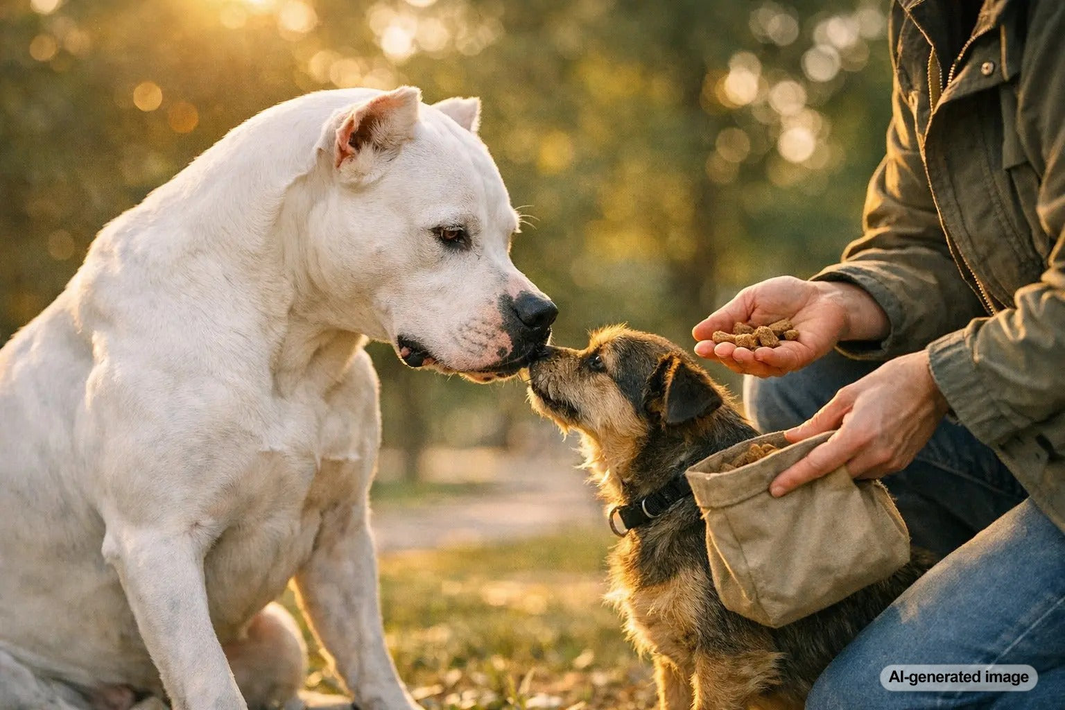 Strong but sensitive Dogo Argentino calmly socializing outdoors with focused attention