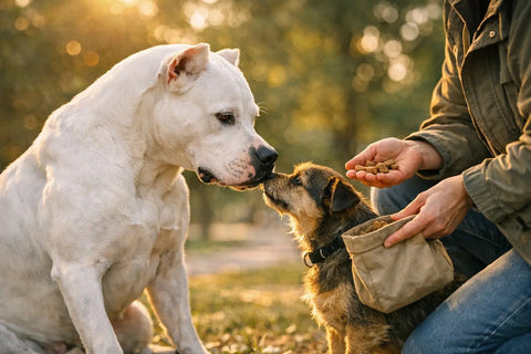 Strong but sensitive Dogo Argentino calmly socializing outdoors with focused attention