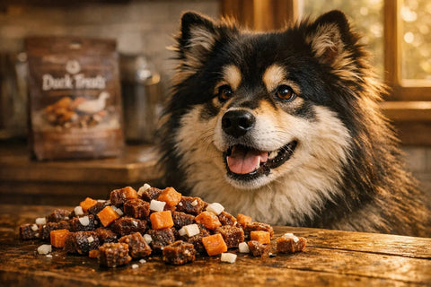 Sweet potato and coconut glycerin chewy duck dog treats from Plato Pet Treats