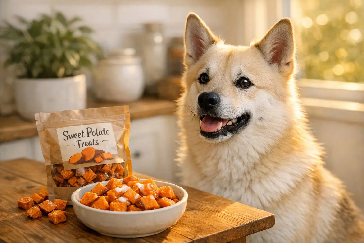 Sweet potato and coconut oil ingredients featured for natural moisture and fiber support for dogs