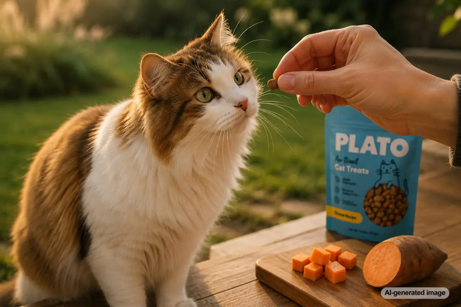 Cat treats and sweet potato ingredients for a feline diet discussion