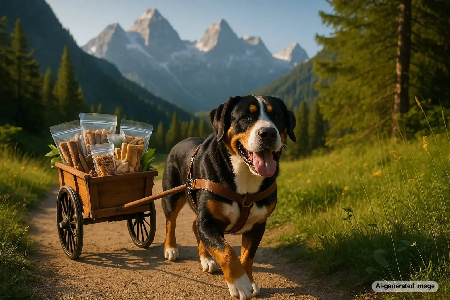 Greater Swiss Mountain Dog pulling cart and hiking outdoors