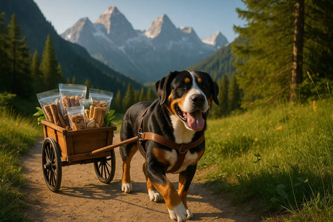 Greater Swiss Mountain Dog pulling cart and hiking outdoors