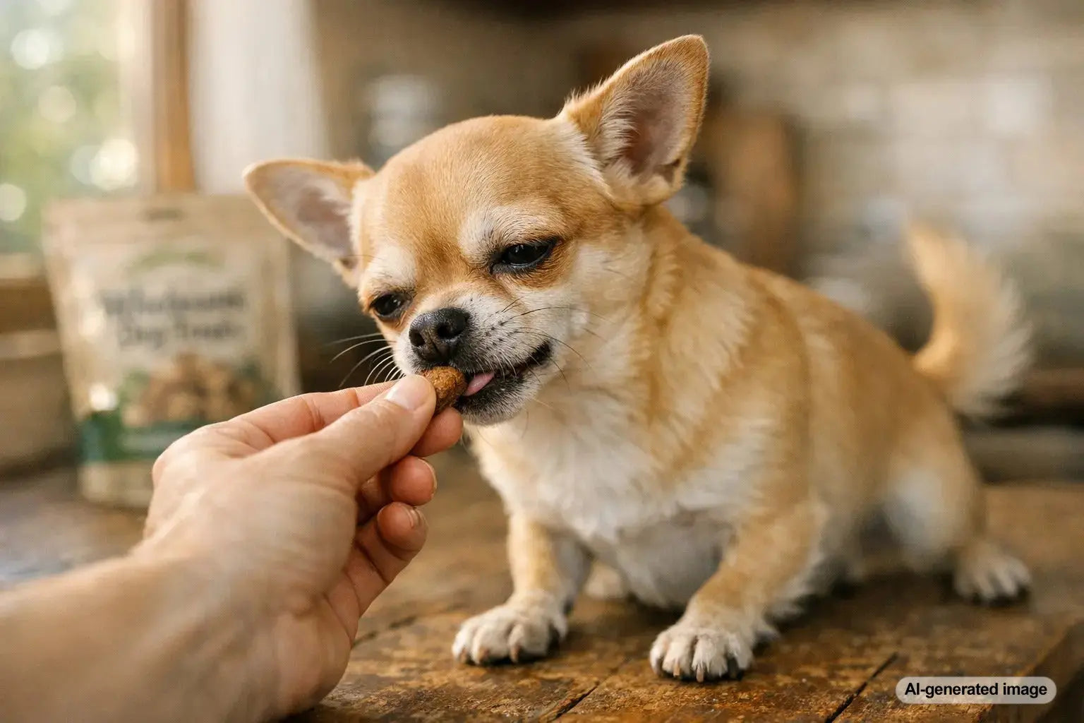 Chihuahua learning to take treats gently using the Gentle Hand Method