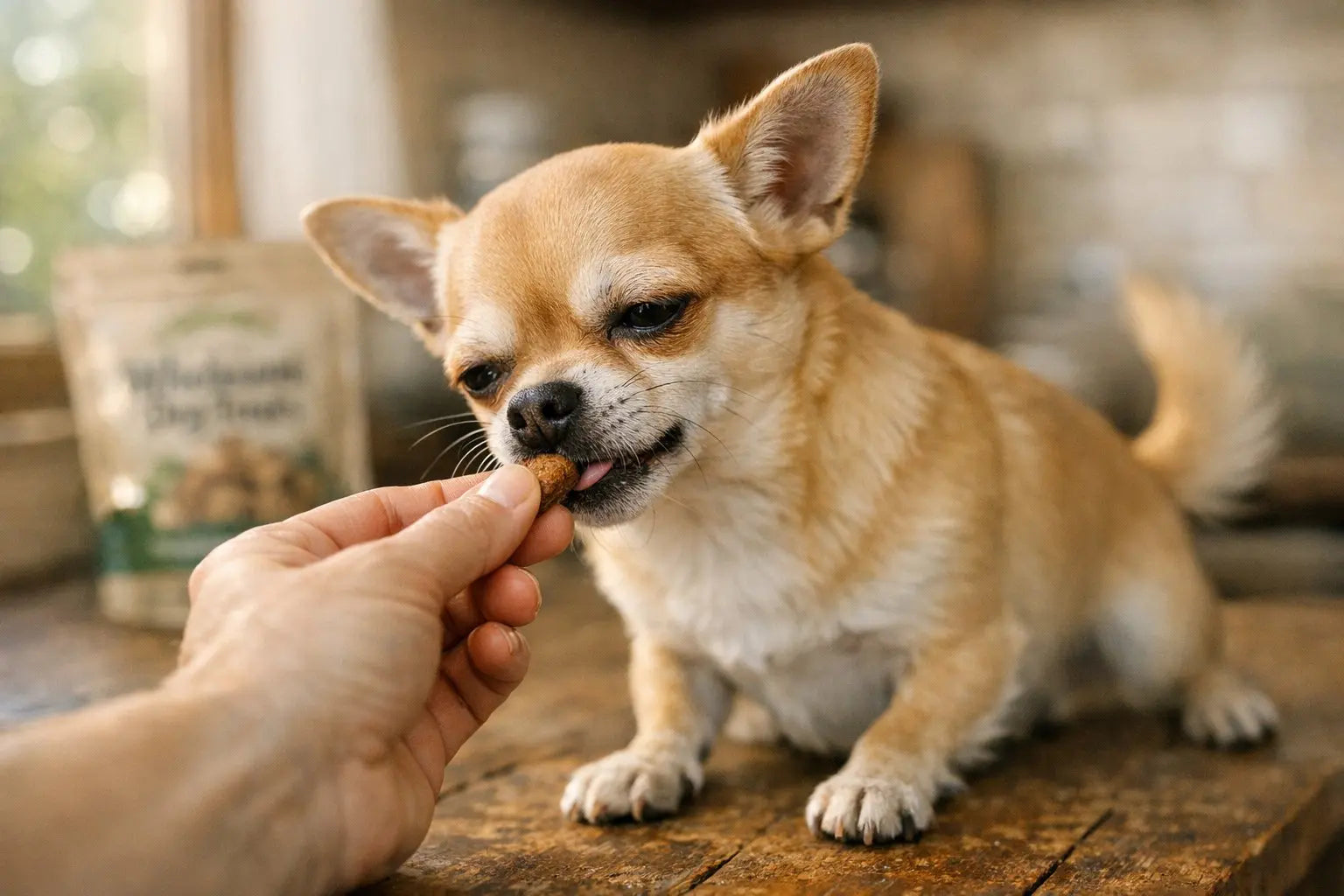 Chihuahua learning to take treats gently using the Gentle Hand Method