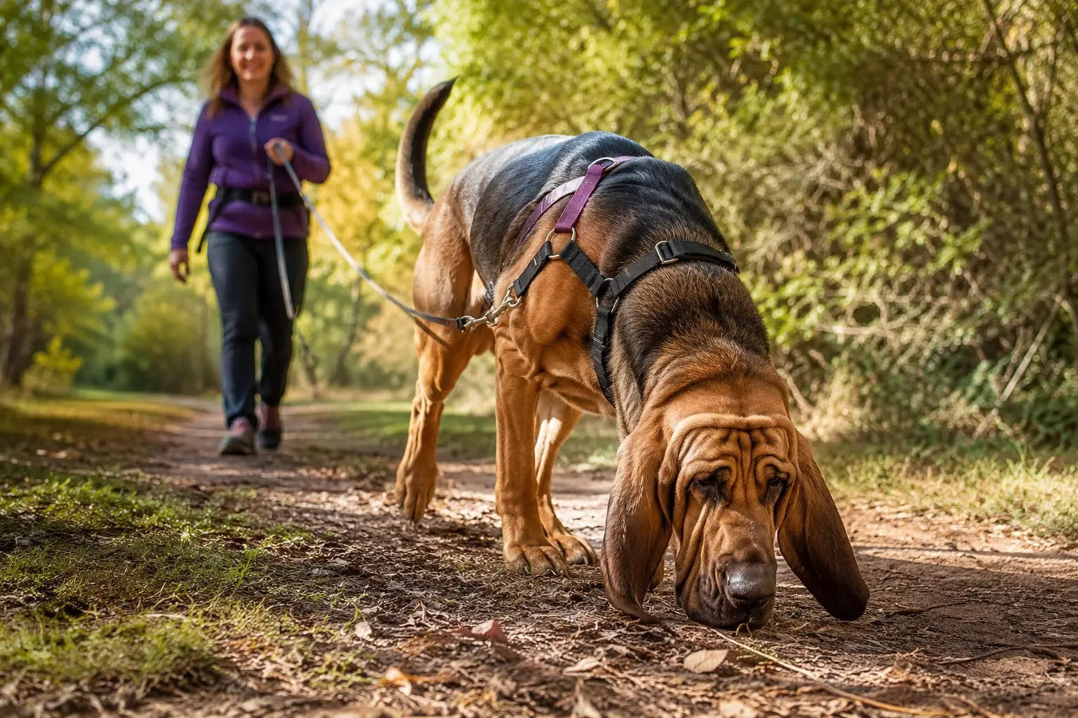Bloodhound using its powerful nose during a safe scent tracking game outdoors