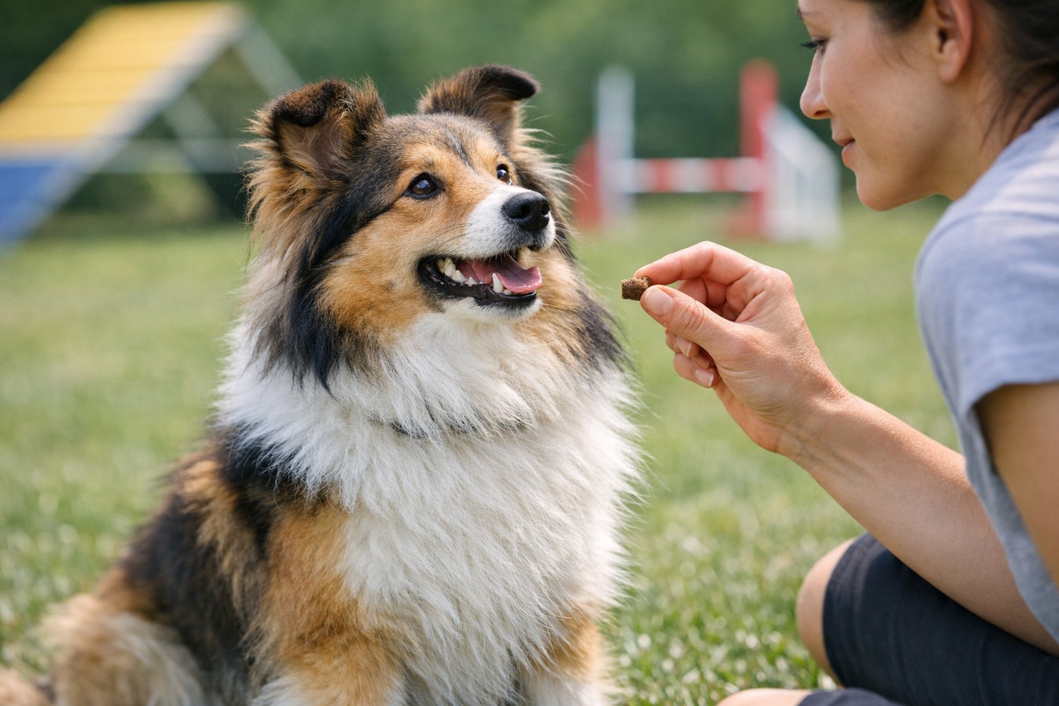 Shetland Sheepdog running an agility course with speed and focus