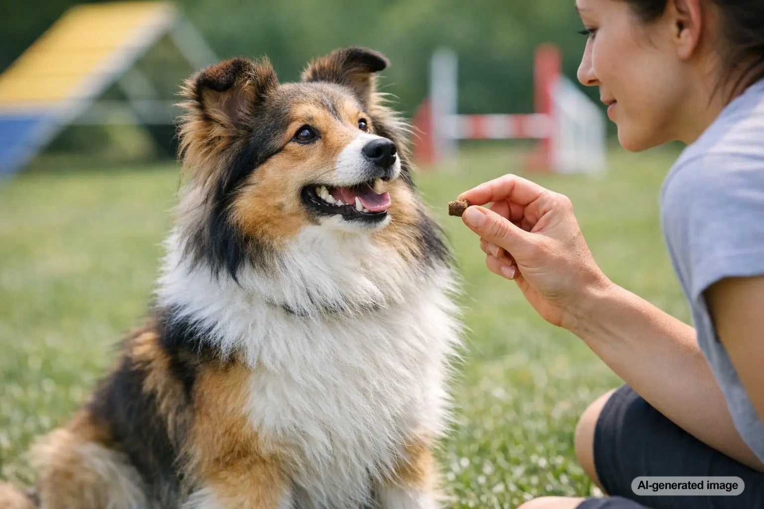 Shetland Sheepdog running an agility course with speed and focus