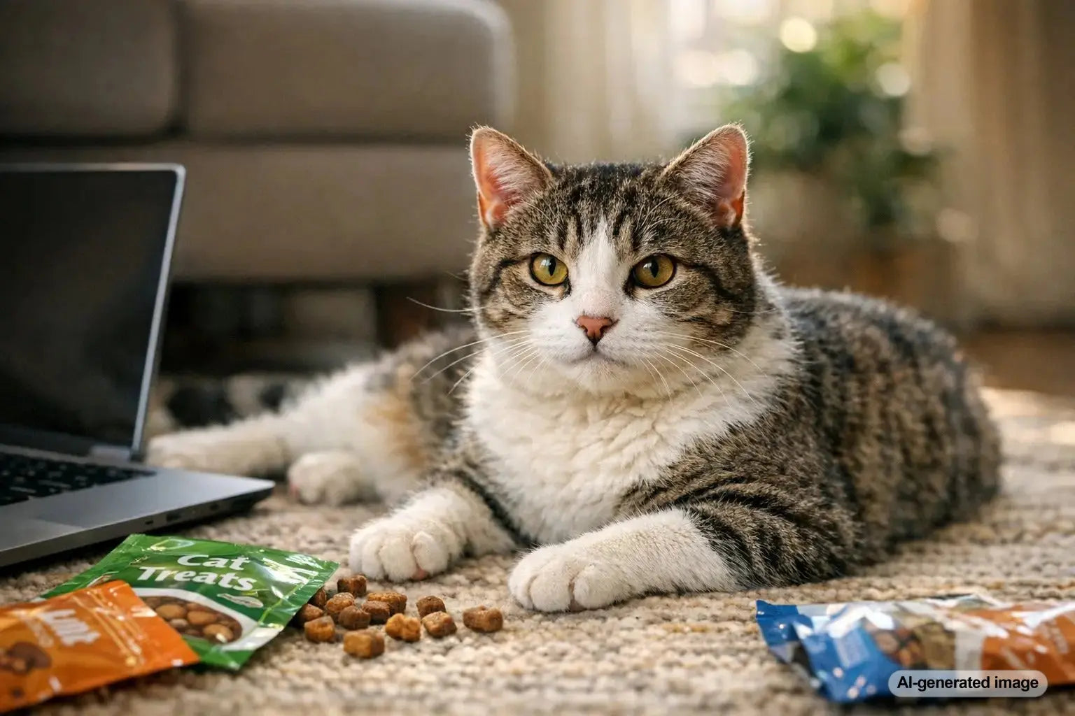 American Wirehair cat lounging indoors with Plato cat treats nearby