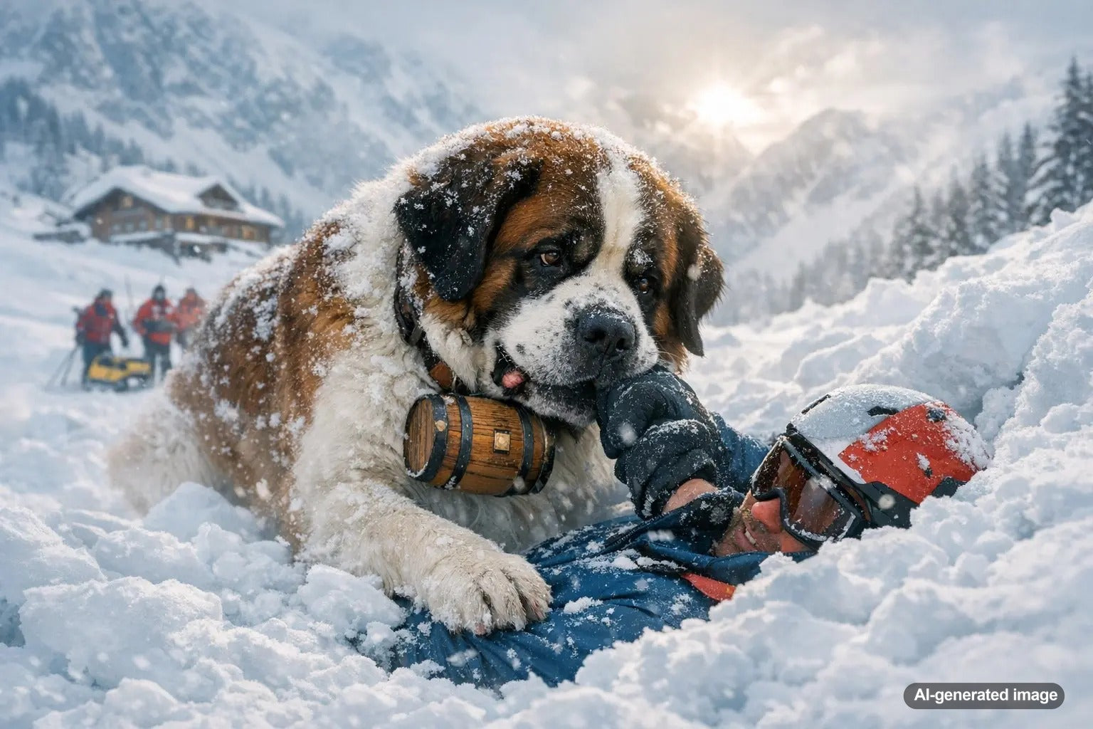 Saint Bernard rescue dog standing in snowy alpine mountains symbolizing historic avalanche rescues