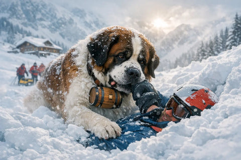 Saint Bernard rescue dog standing in snowy alpine mountains symbolizing historic avalanche rescues