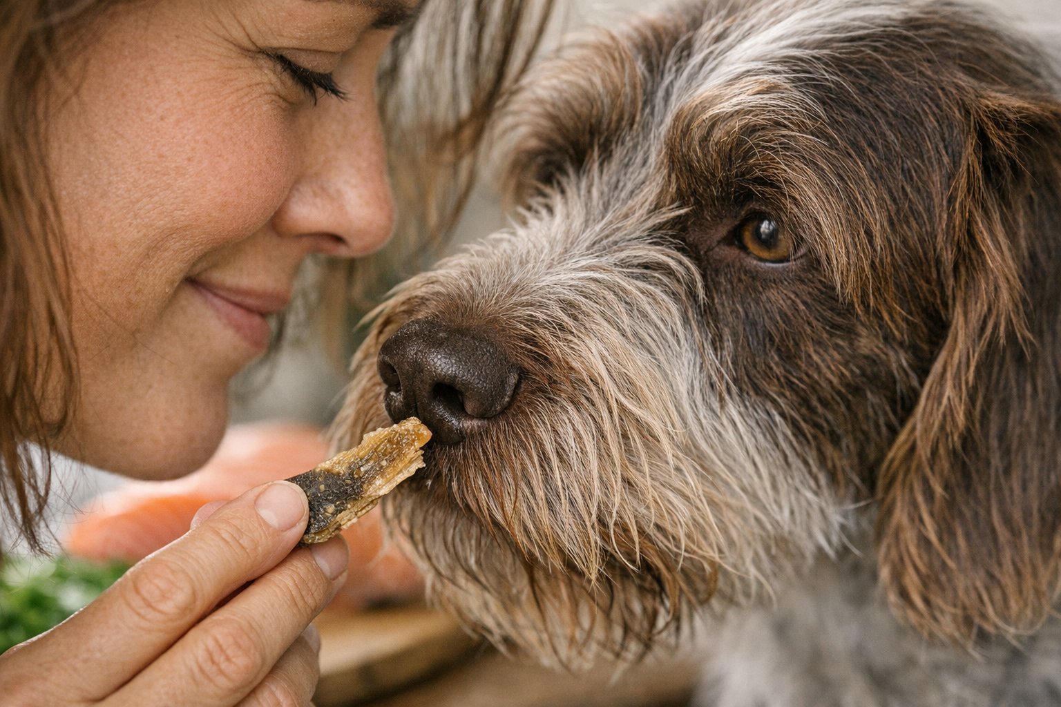 Dog enjoying fish treats for protein variety from Plato Pet Treats