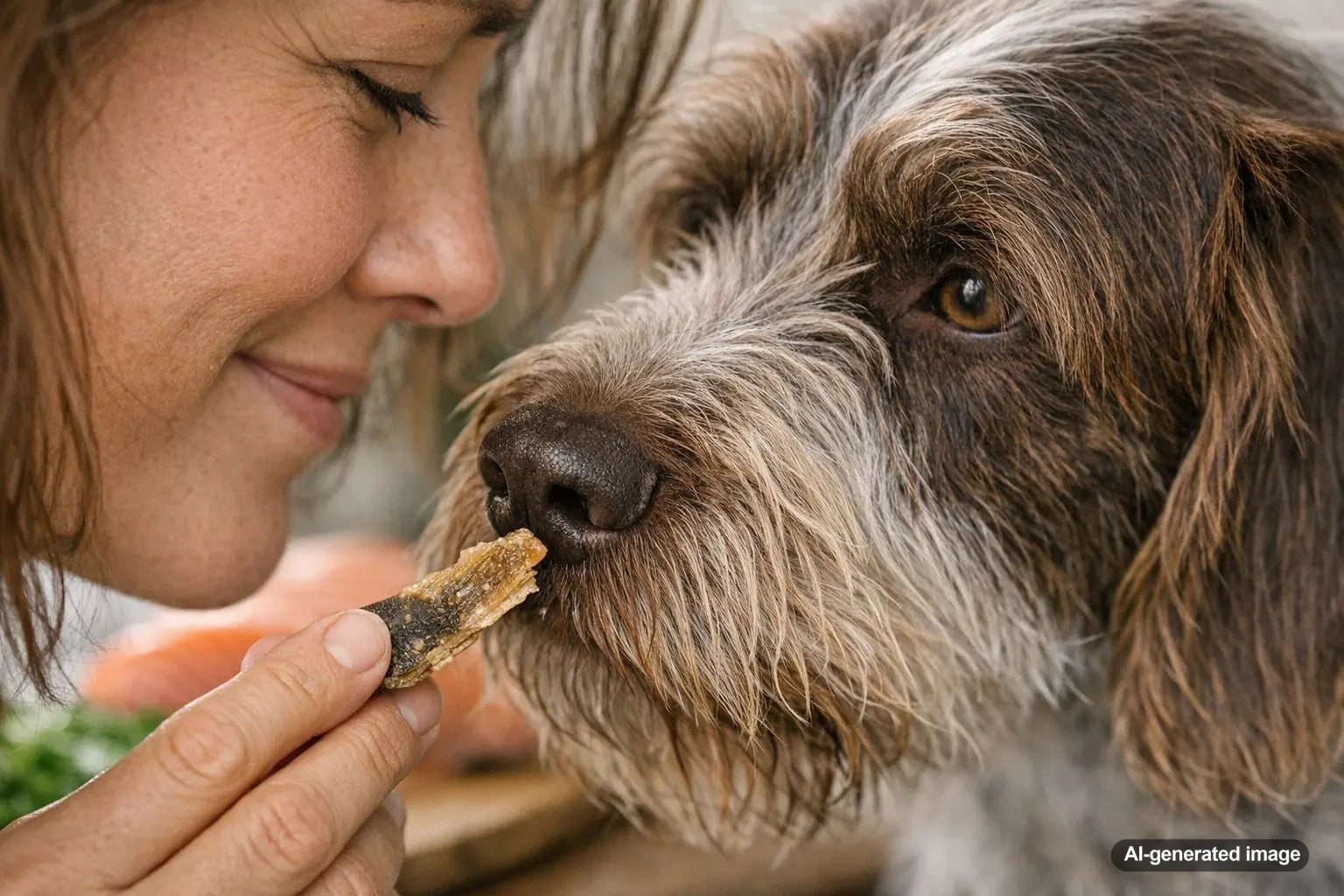 Dog enjoying fish treats for protein variety from Plato Pet Treats