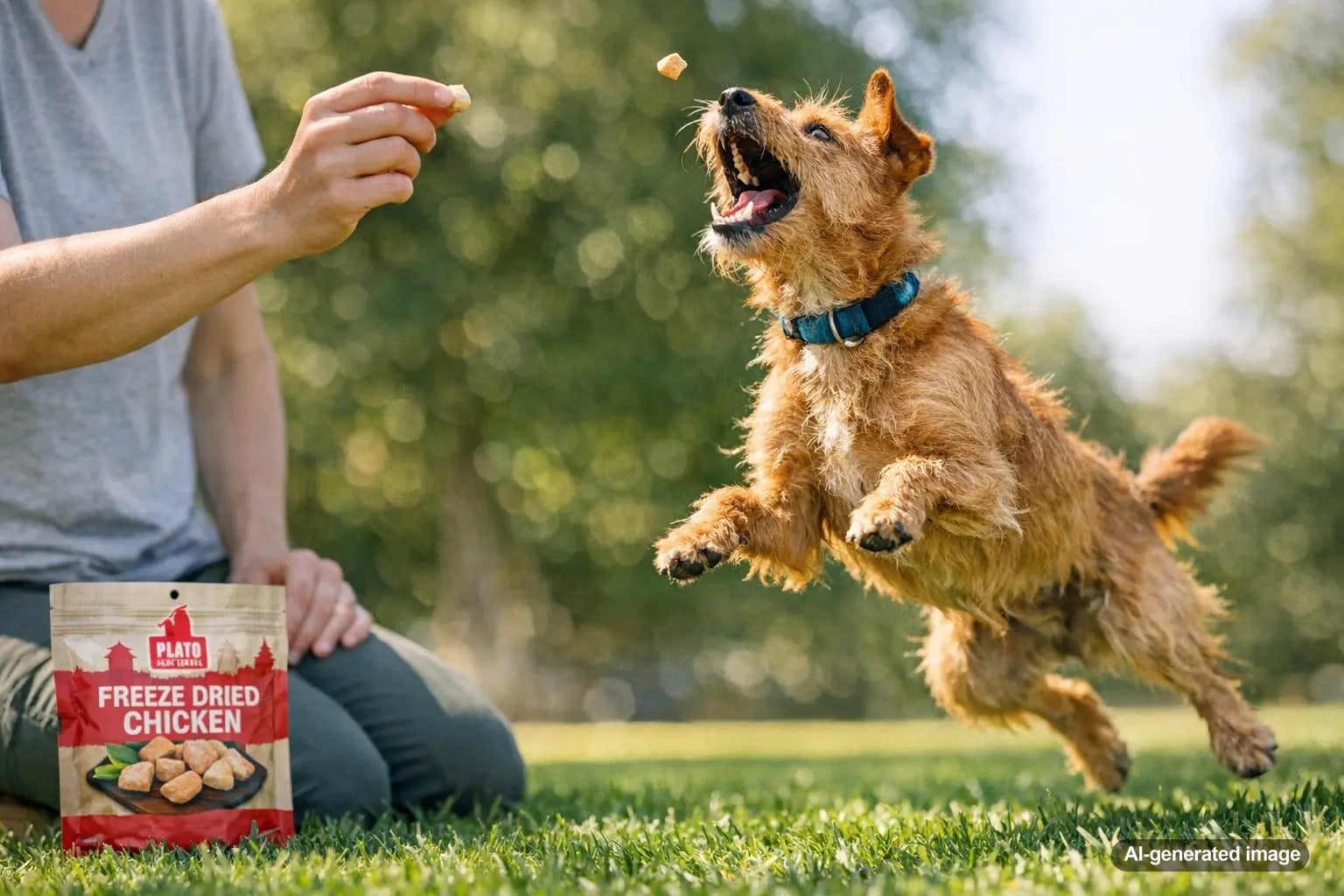 Picky dog enjoying chicken dog treats with Plato Pet Treats air-dried chicken options