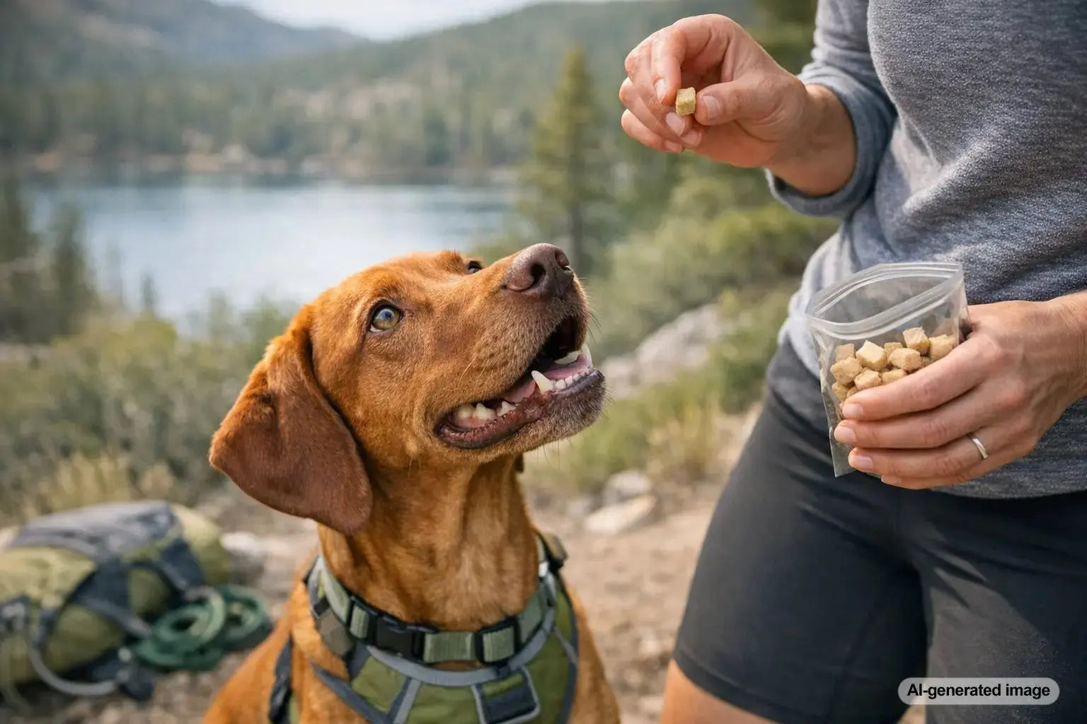 Active dog outdoors with protein-rich treat inspiration for freeze-dried and air-dried rewards