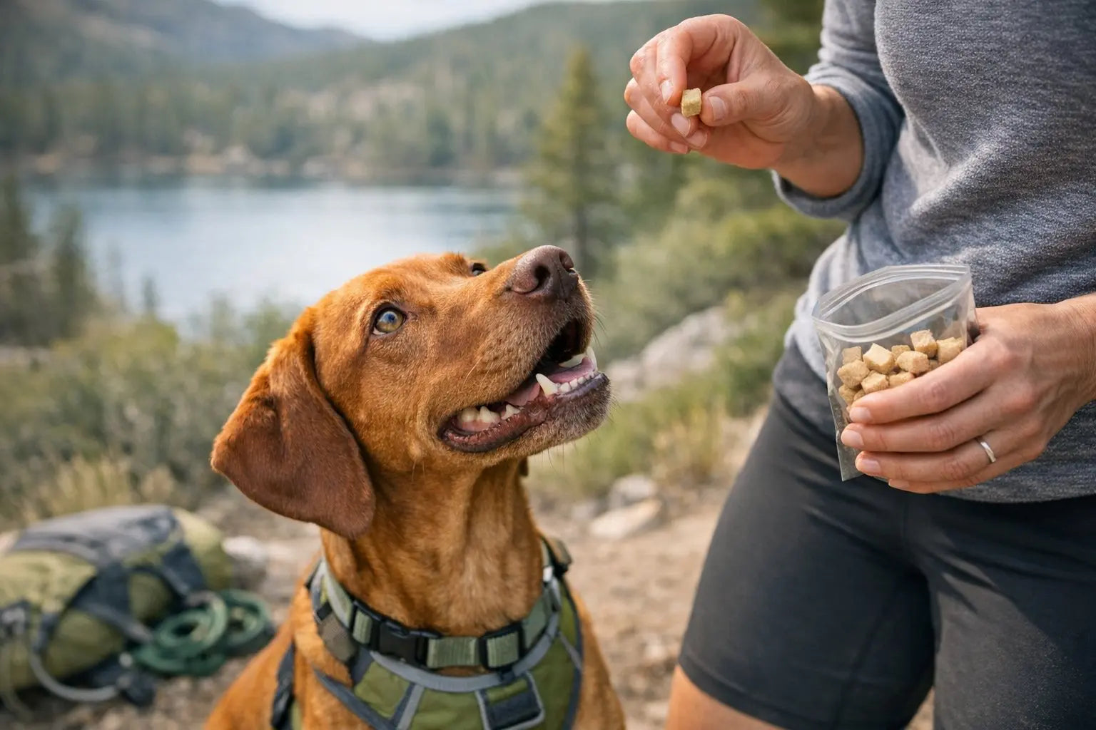 Active dog outdoors with protein-rich treat inspiration for freeze-dried and air-dried rewards