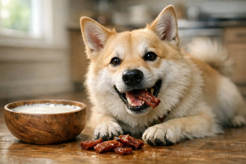 Dog enjoying goat milk dog jerky bites treat from Plato Pet Treats