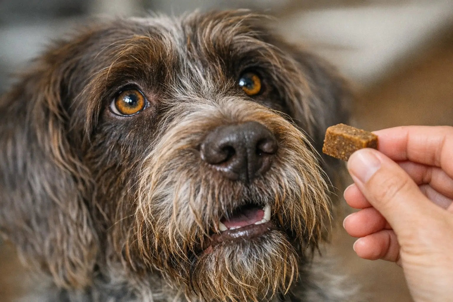 Dog enjoying a limited ingredient treat during an elimination diet routine
