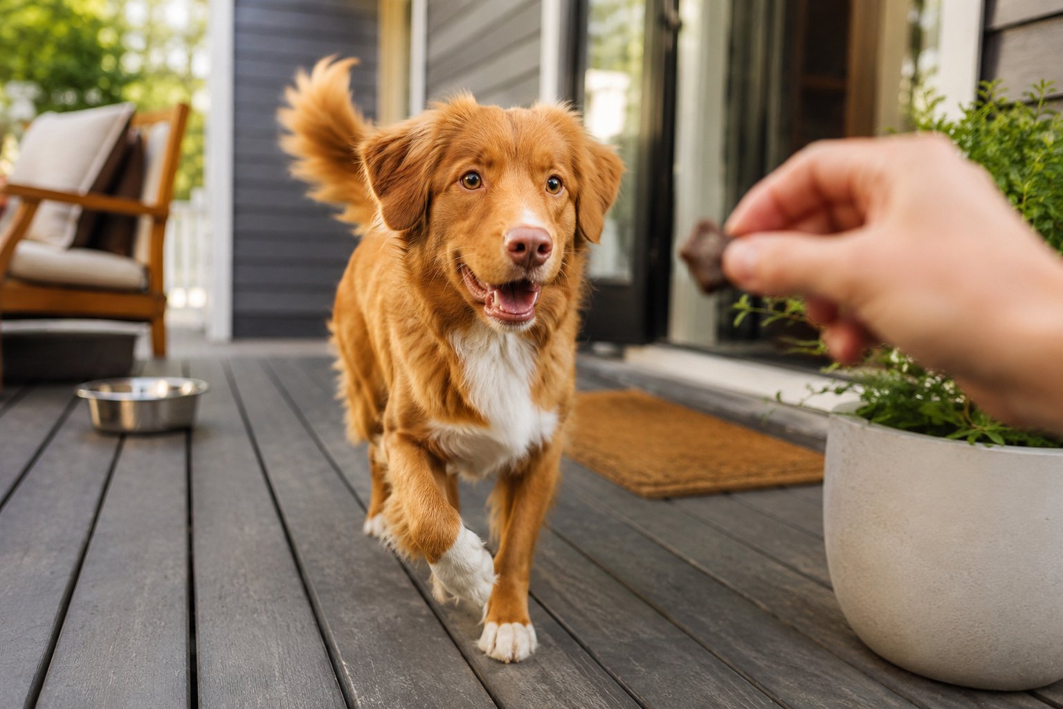 Dog enjoying high value treats during training with Plato Pet Treats