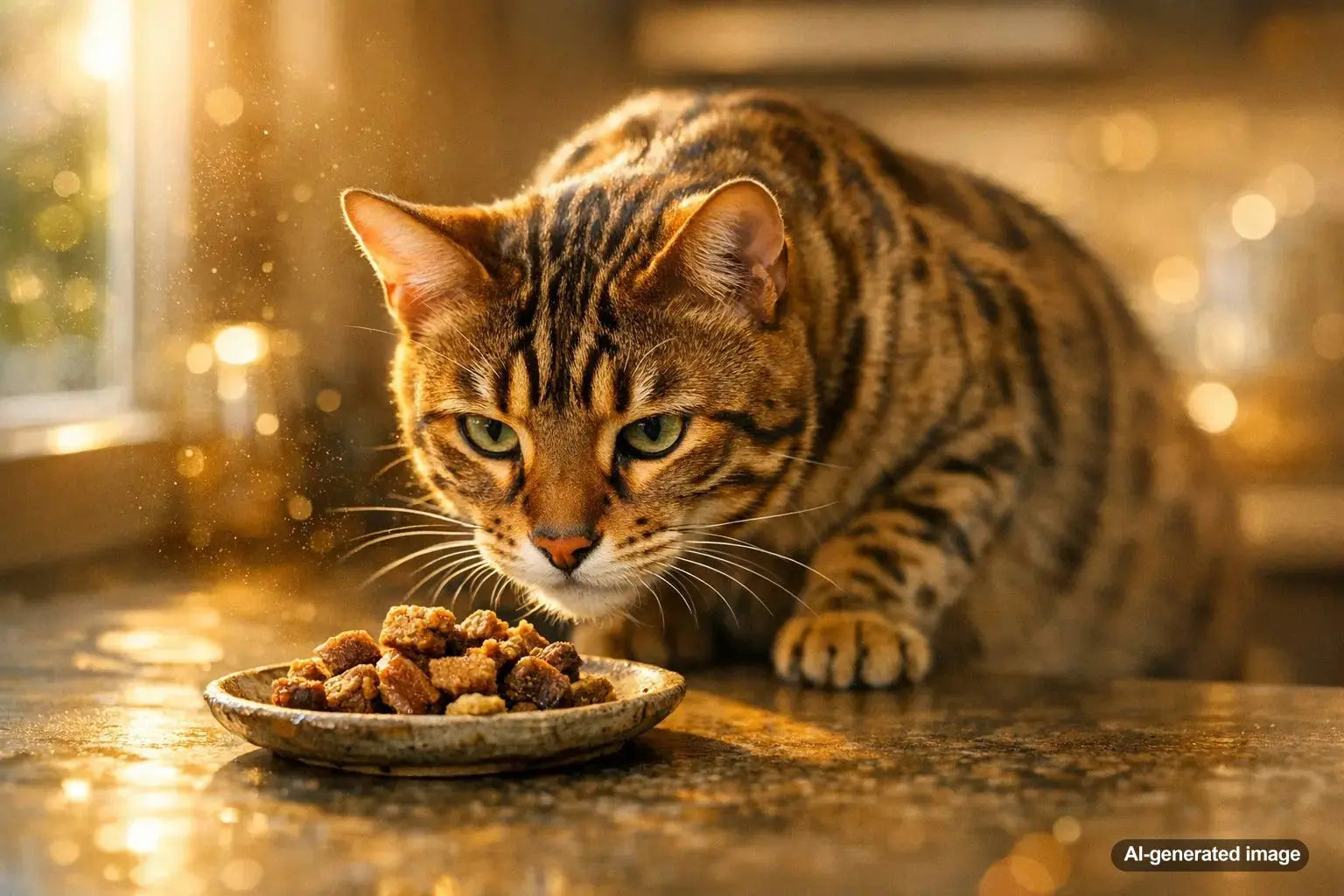 Bengal cat with wild leopard-style markings and alert, curious expression