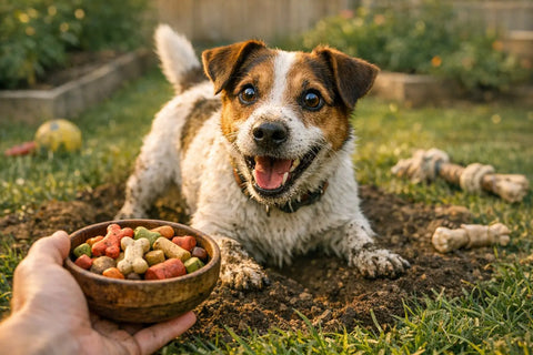 Jack Russell Terrier enjoying distraction treats in the yard instead of digging